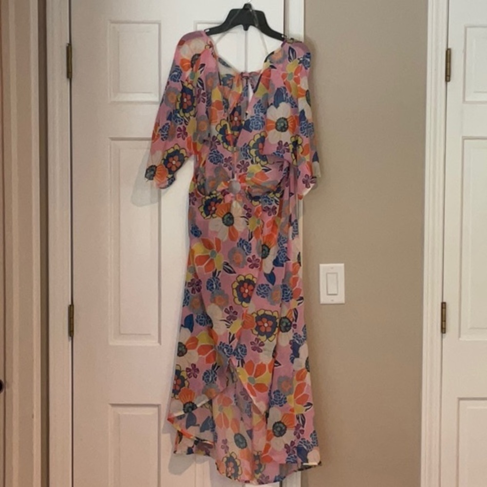 Pink and Blue High Low Sundress with V-neck and Bishop Sleeves